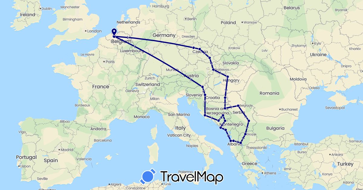 TravelMap itinerary: driving in Albania, Bosnia and Herzegovina, Belgium, Czech Republic, Croatia, Hungary, Montenegro, Macedonia, Serbia, Slovenia, Slovakia (Europe)